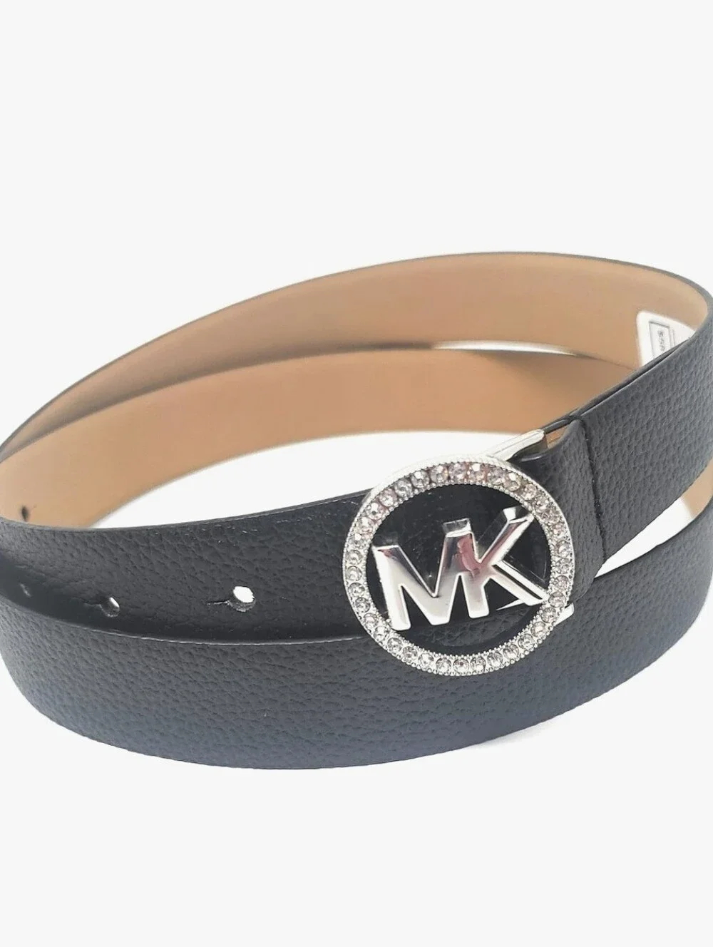 *(Ew)Michael Kors Black Leather Belt with Silver MK Crystal Buckle